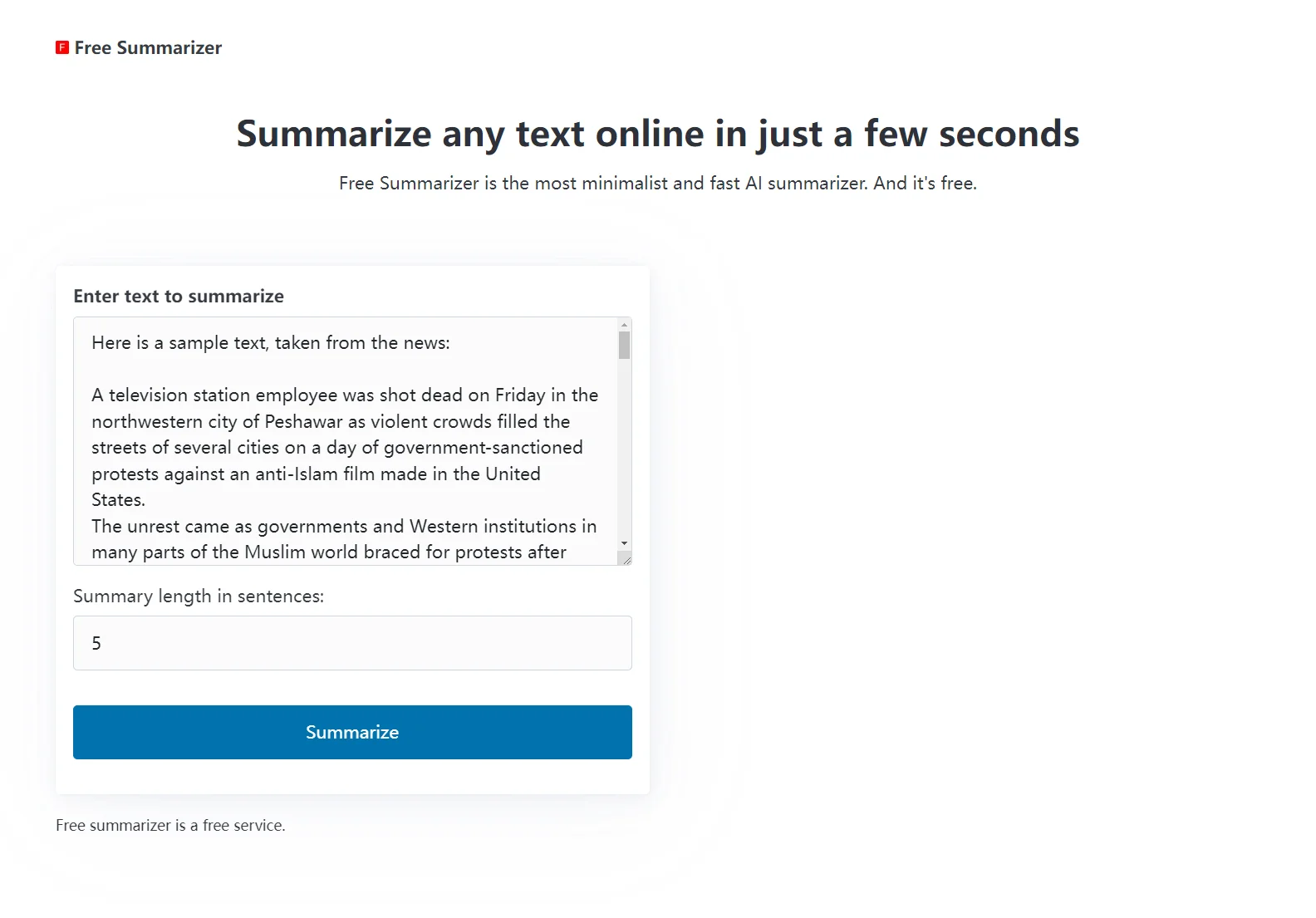 Free Summarizer: Quick and Efficient Text Summarization