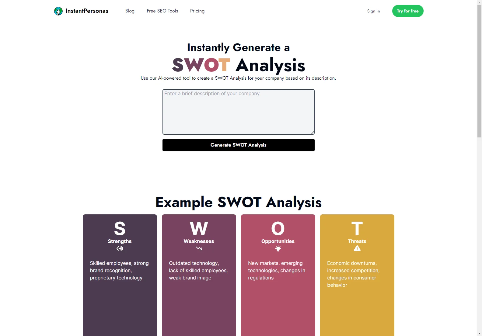 InstantPersonas AI SWOT Analysis Generator: Unlock Your Company's Potential