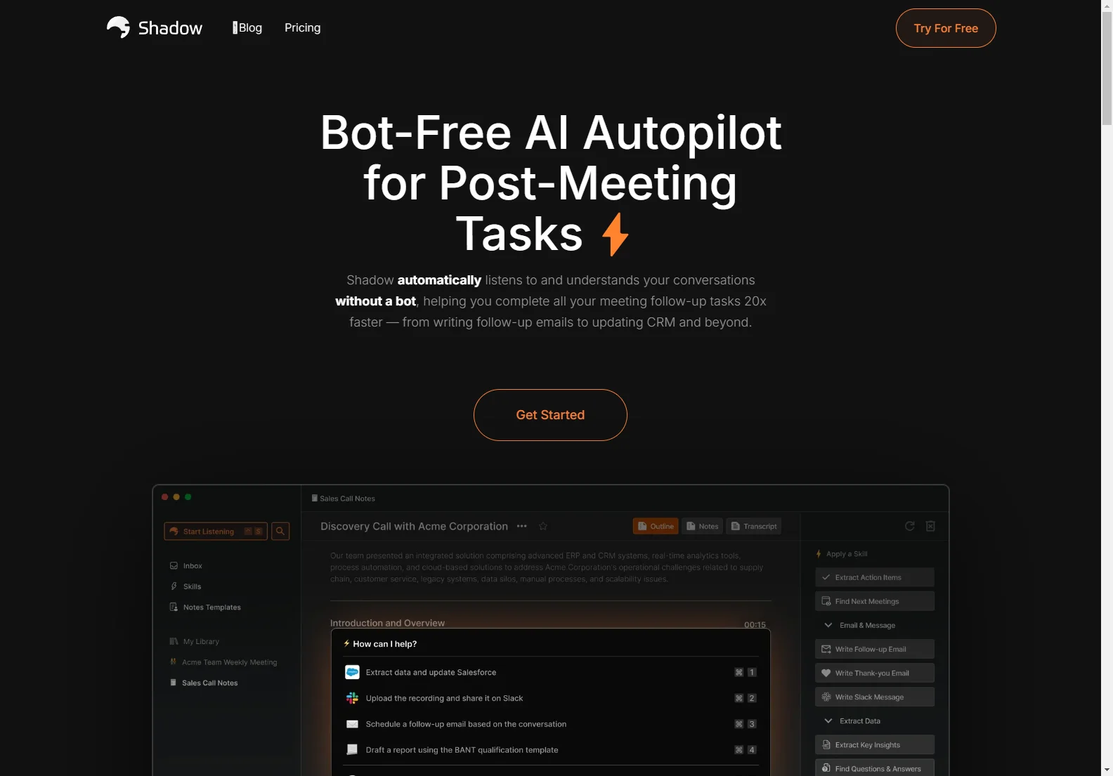 Shadow: Bot-Free AI for Efficient Post-Meeting Tasks