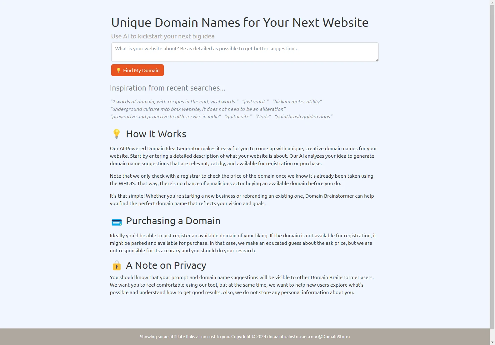 Domain Brainstormer: AI-Powered Domain Name Suggestions for Your Website