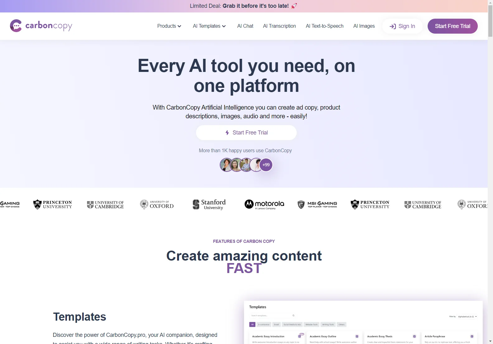 CarbonCopy Artificial Intelligence: Your All-in-One AI Content Creation & Marketing Tool