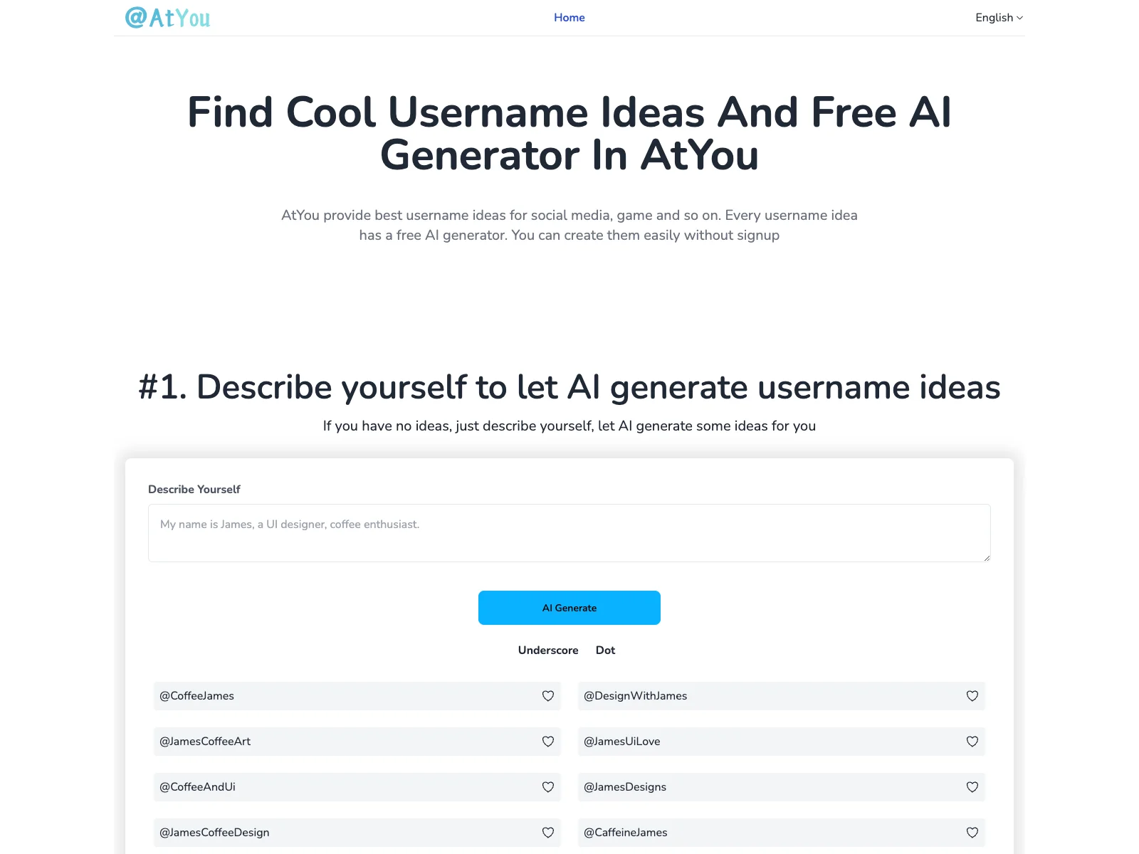 AtYou: Unleash Your Creativity with Cool Username Ideas & Free AI Generator