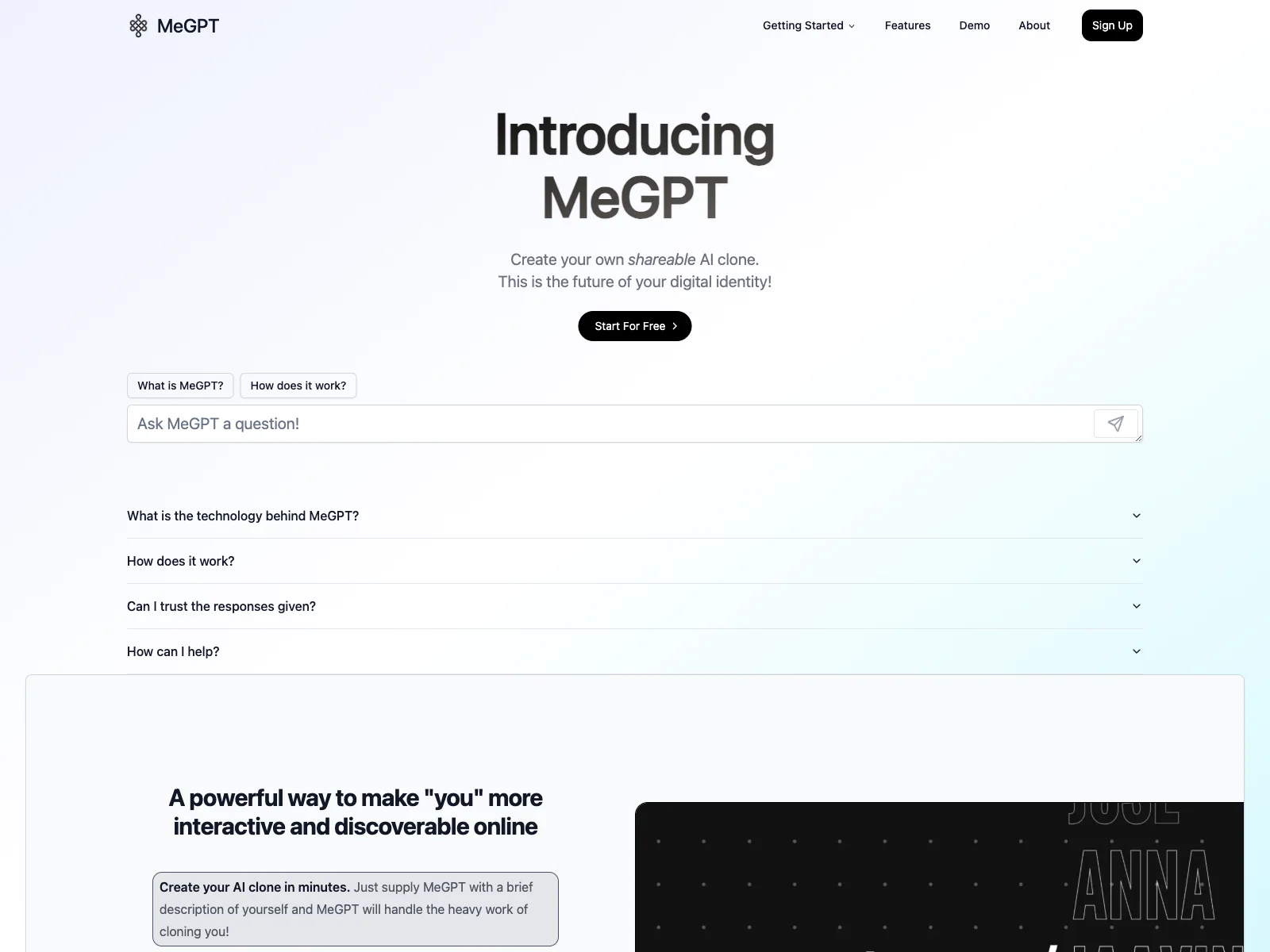 MeGPT - Unleash Your Shareable AI Clone Potential