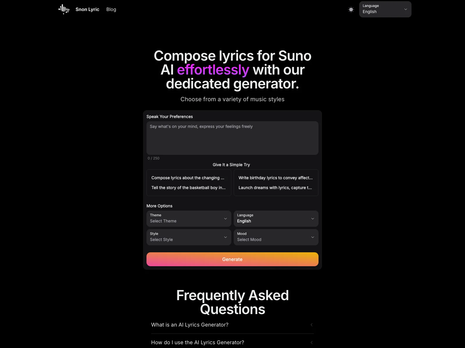 Sono Lyric: Effortlessly Create Captivating Lyrics for Suno AI