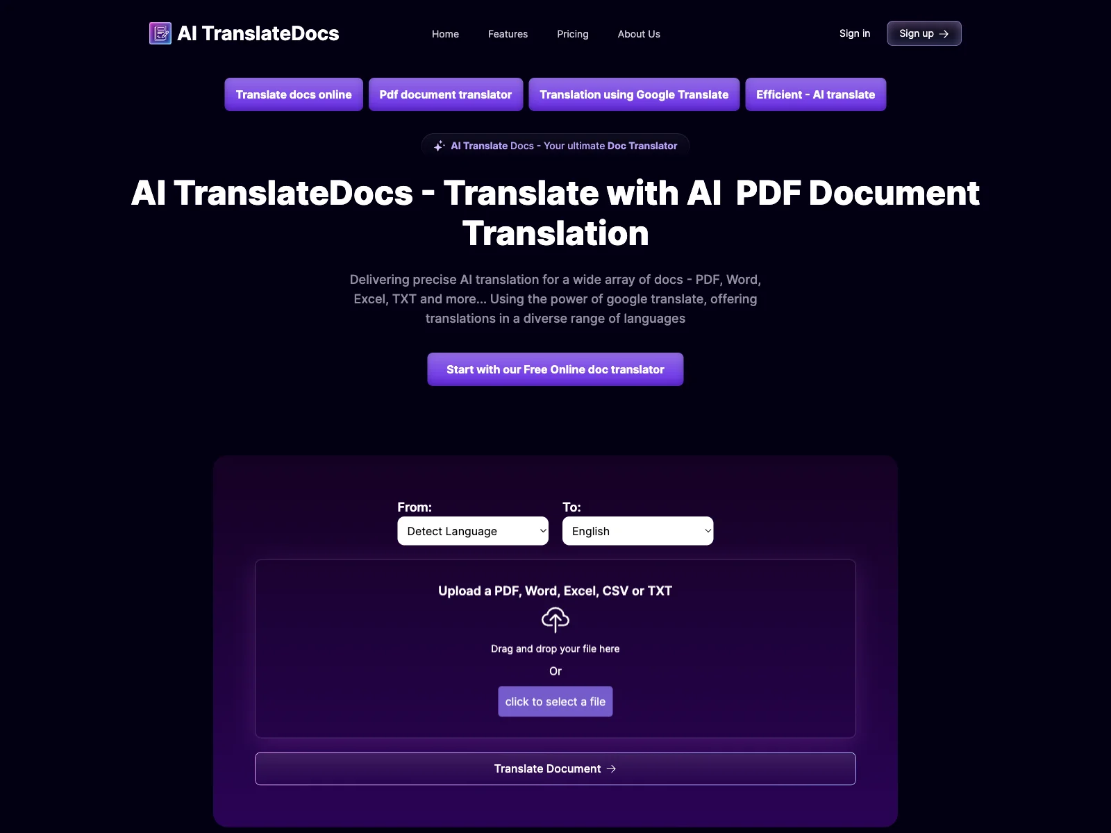 AI TranslateDocs: Effortless Online Document Translation with AI