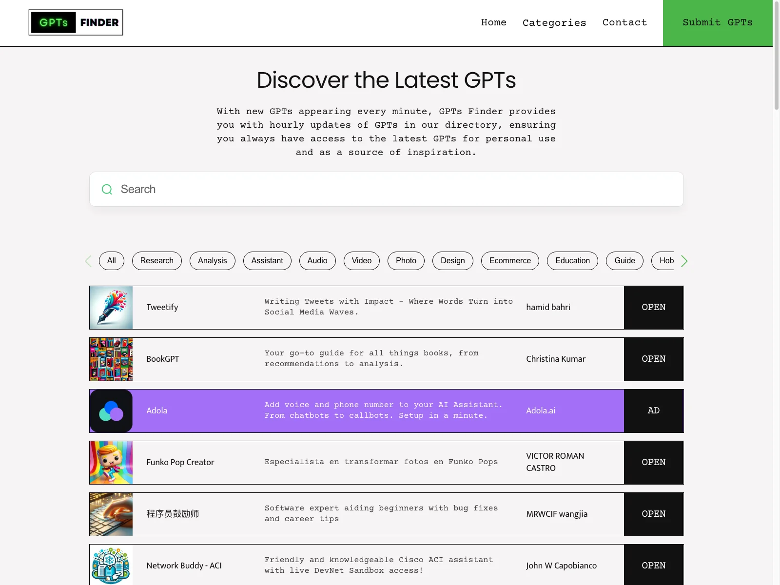 Discover Diverse GPTs with Hourly Updates on GPTs Finder