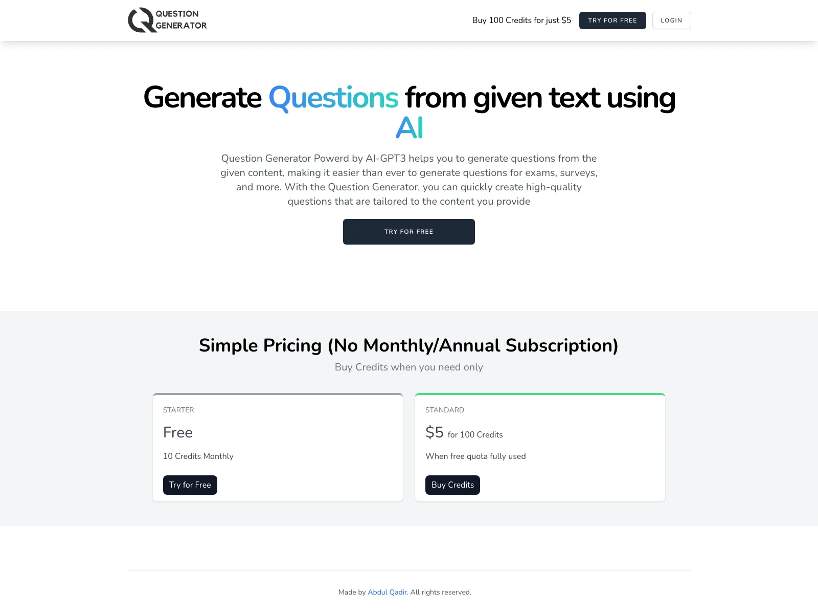 Powered by AI - GPT-3 - AI Question Generator: Effortless Question Creation