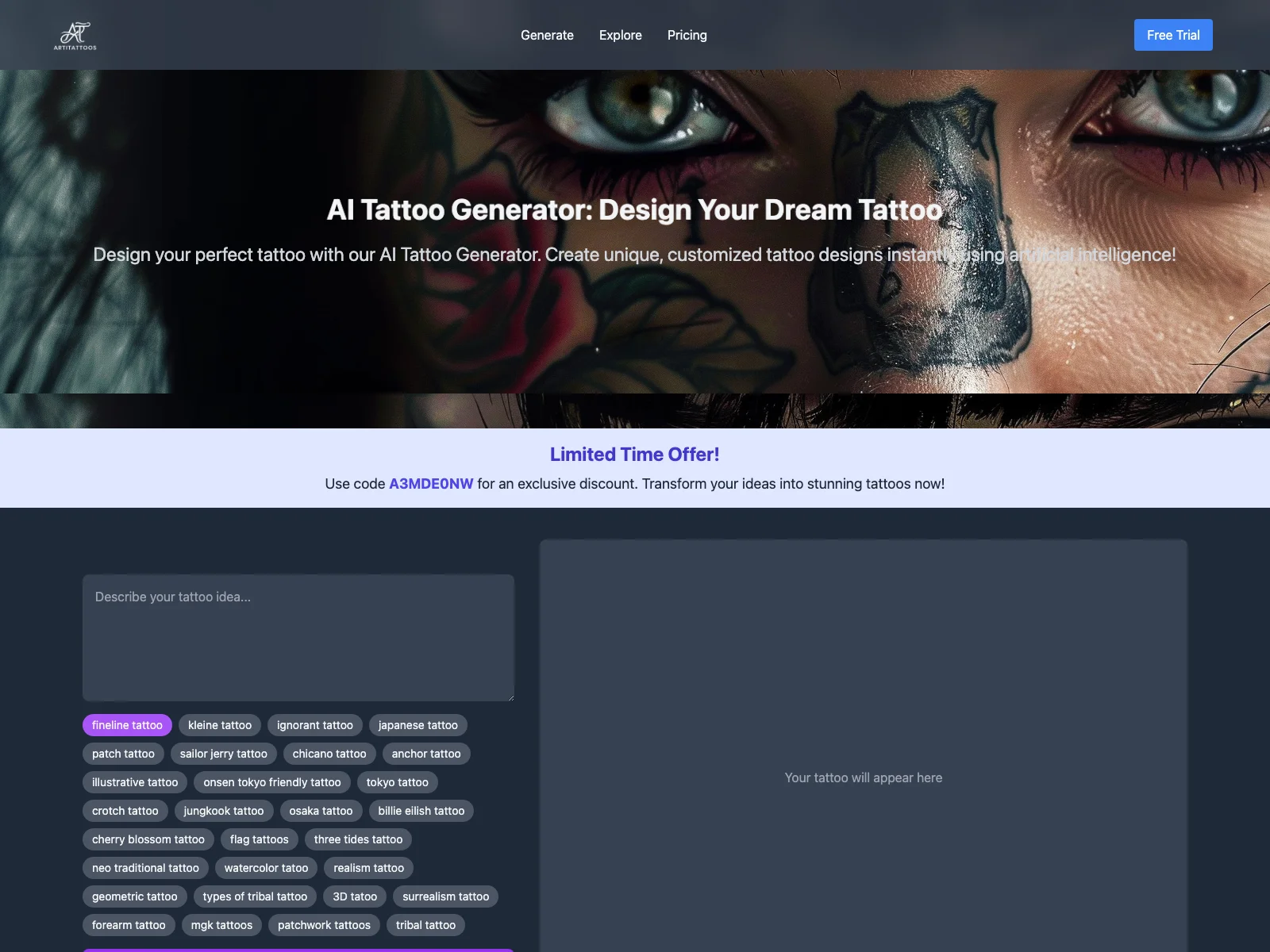 「AI Tattoo Generator - カスタムタトゥーデザインを作成 - ArtiTattoos」