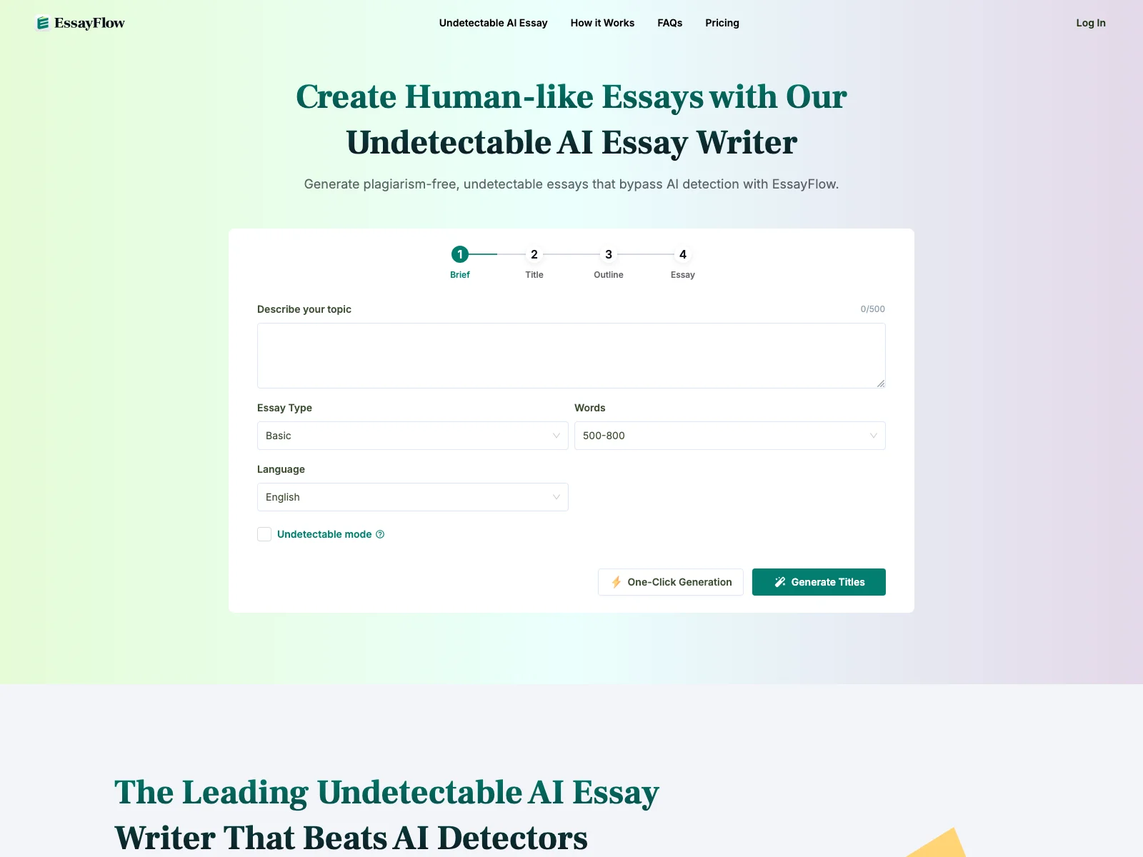 Unbeatable AI Essay Writer - EssayFlow: Crafting Undetectable Essays