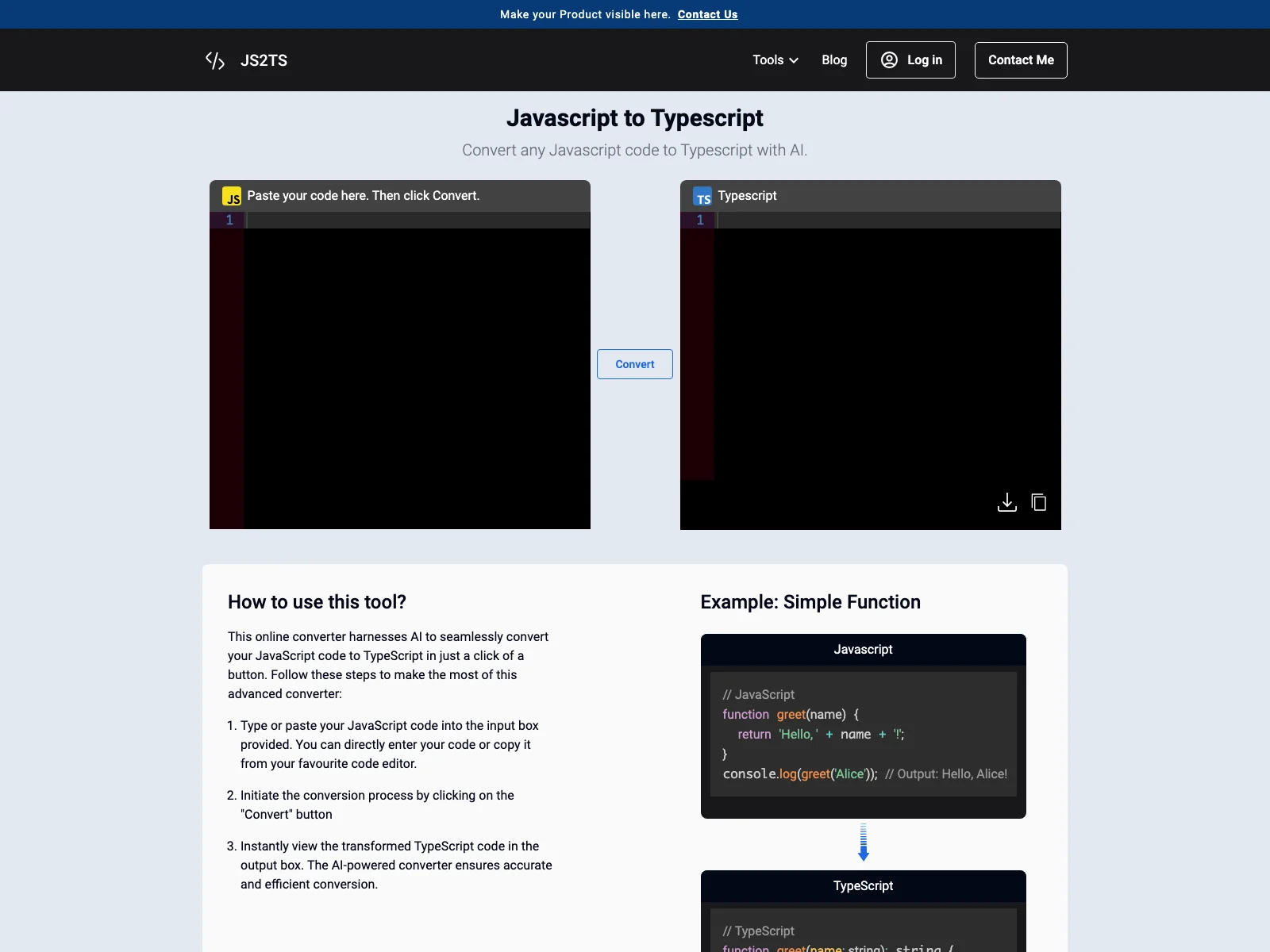 Efficient Javascript to Typescript Conversion with AI | Js2TS.com