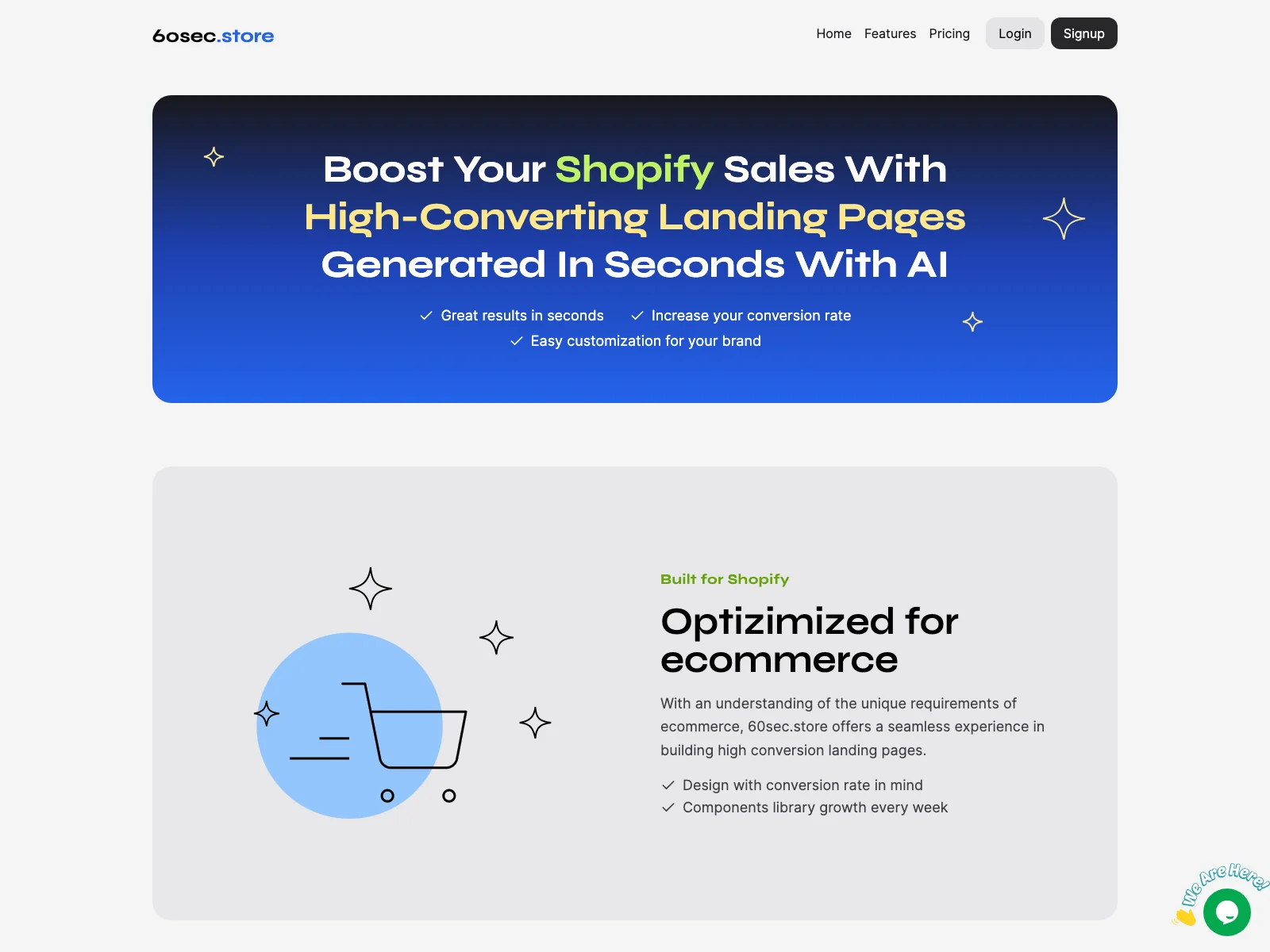 「数秒で生成！Shopify向け高転換率ランディングページ - 60sec.store」