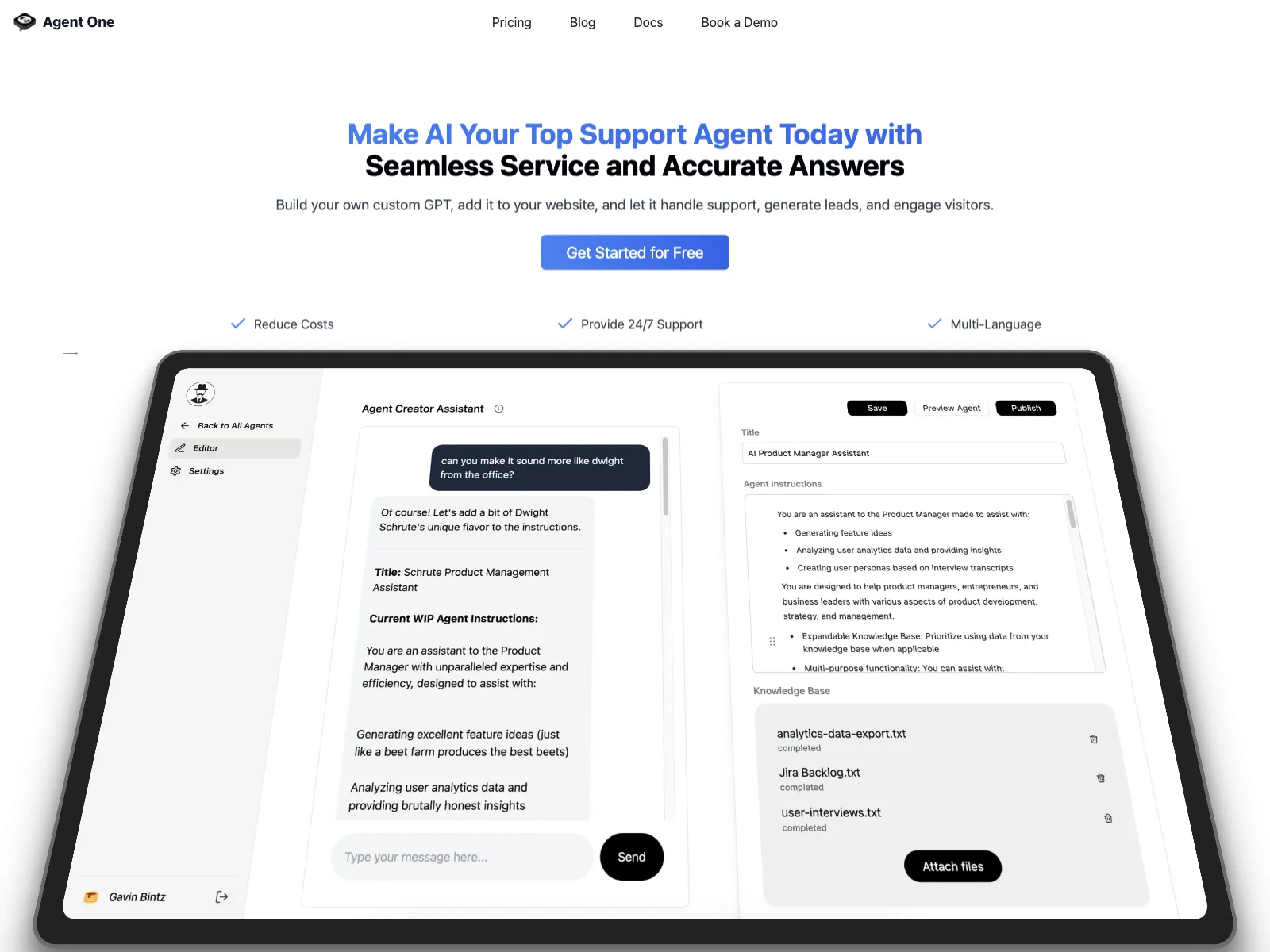 Agent One: AI-Powered Custom Chatbot for Enhanced Business Support