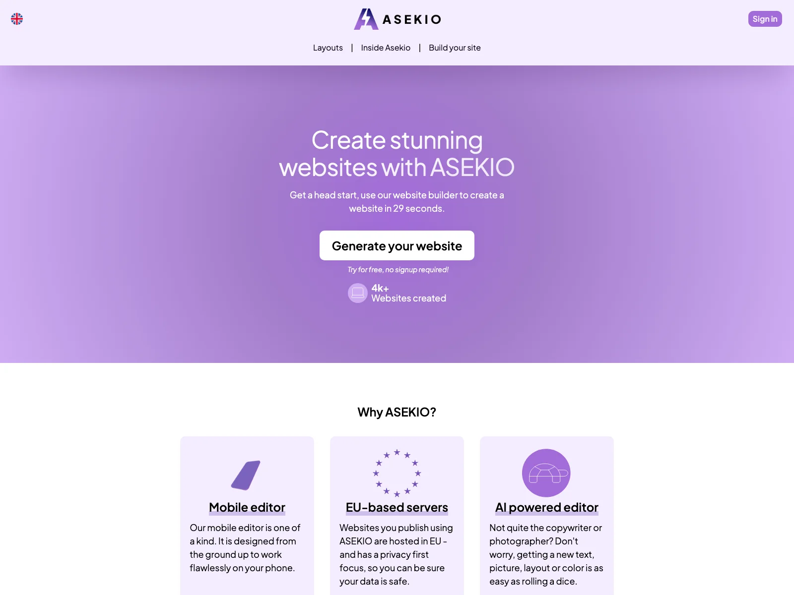 Asekio: Build Stunning Websites in 29 Seconds