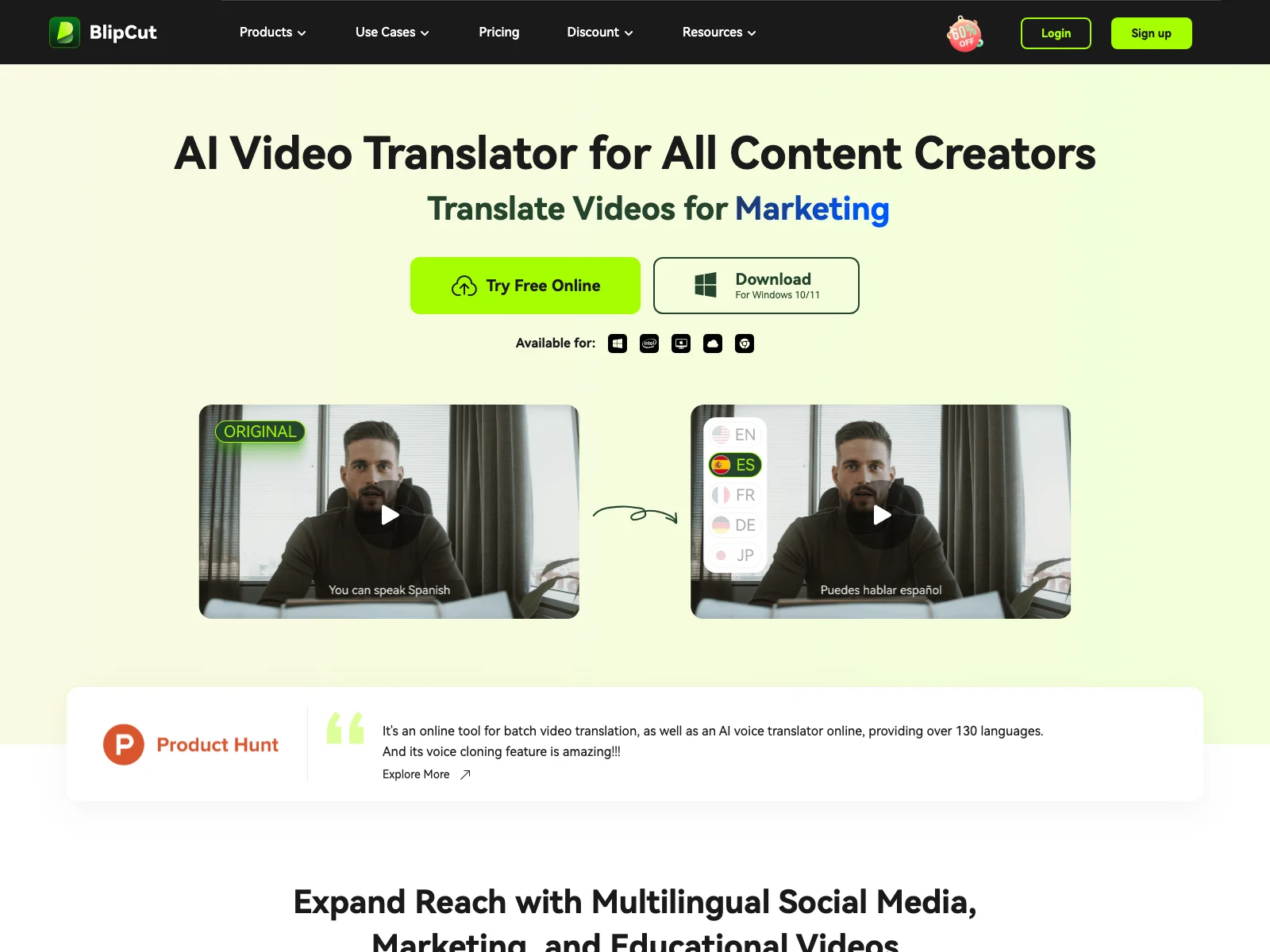 BlipCut AI Video Translator: Translate to 130+ Languages