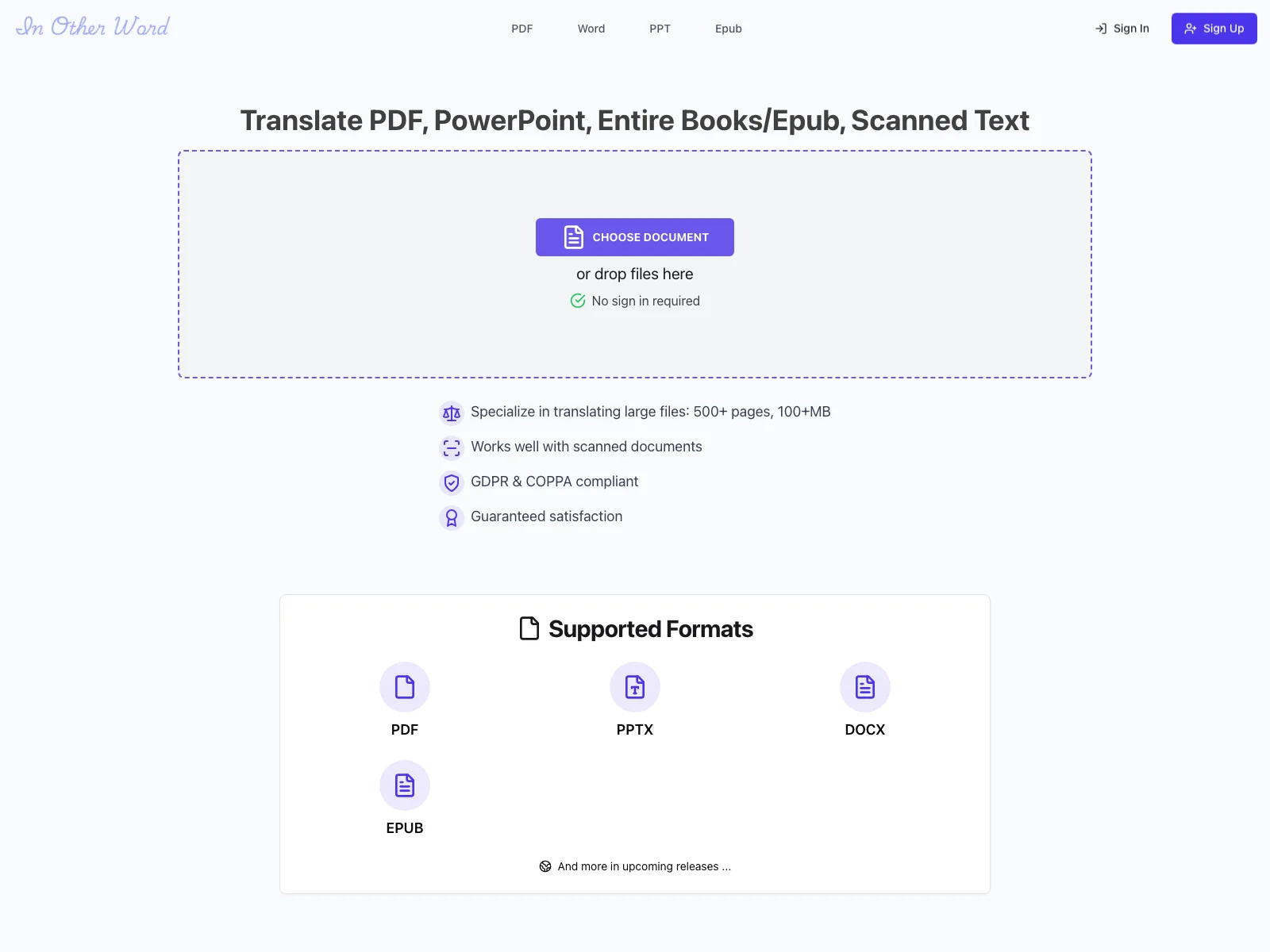 InOtherWord.AI: Effortless Translation of PDFs, PPTs, Epubs, Books & Scanned Documents