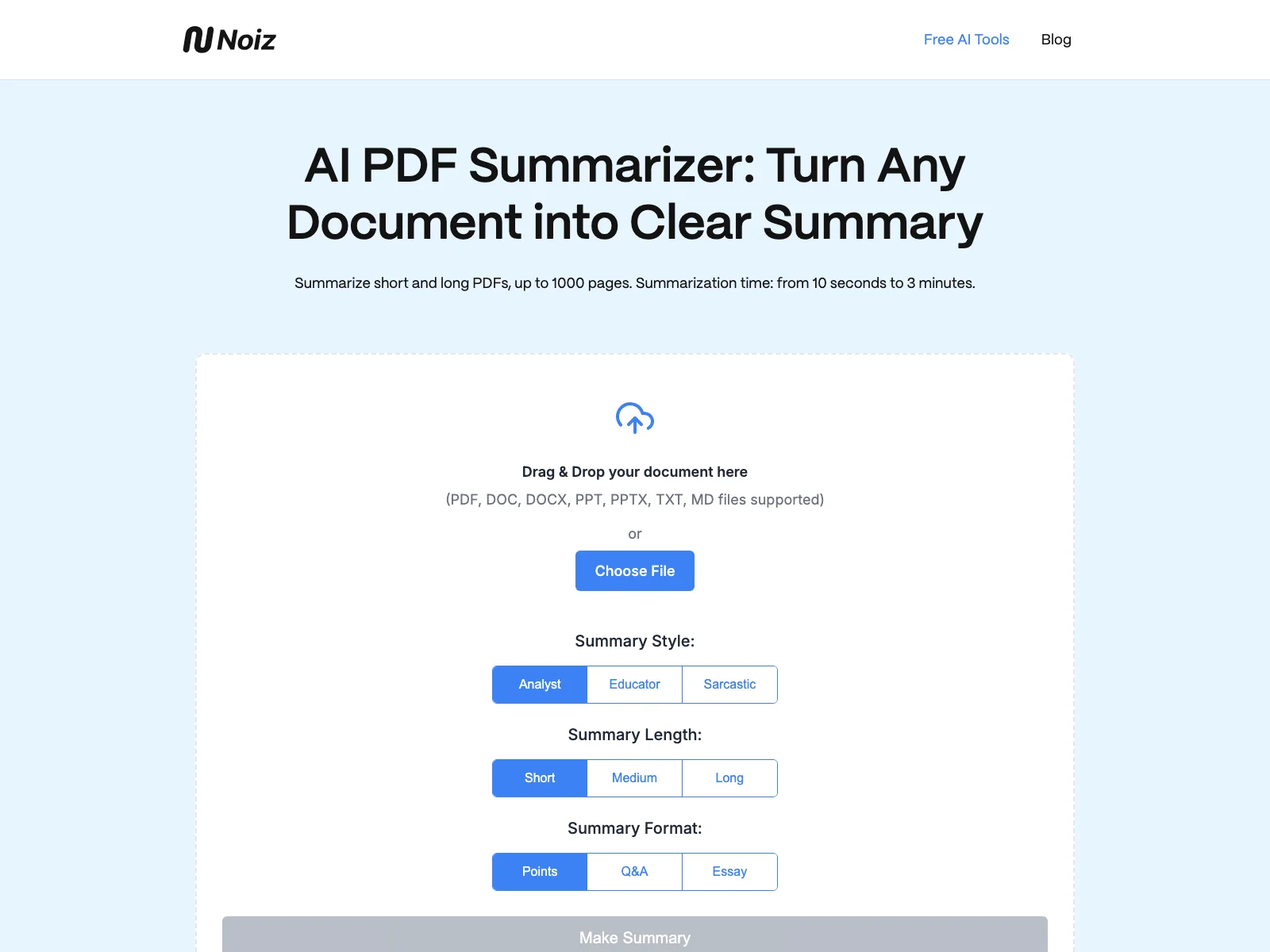 AI PDF Summarizer by Noiz: Free Summarization for Any PDF Size