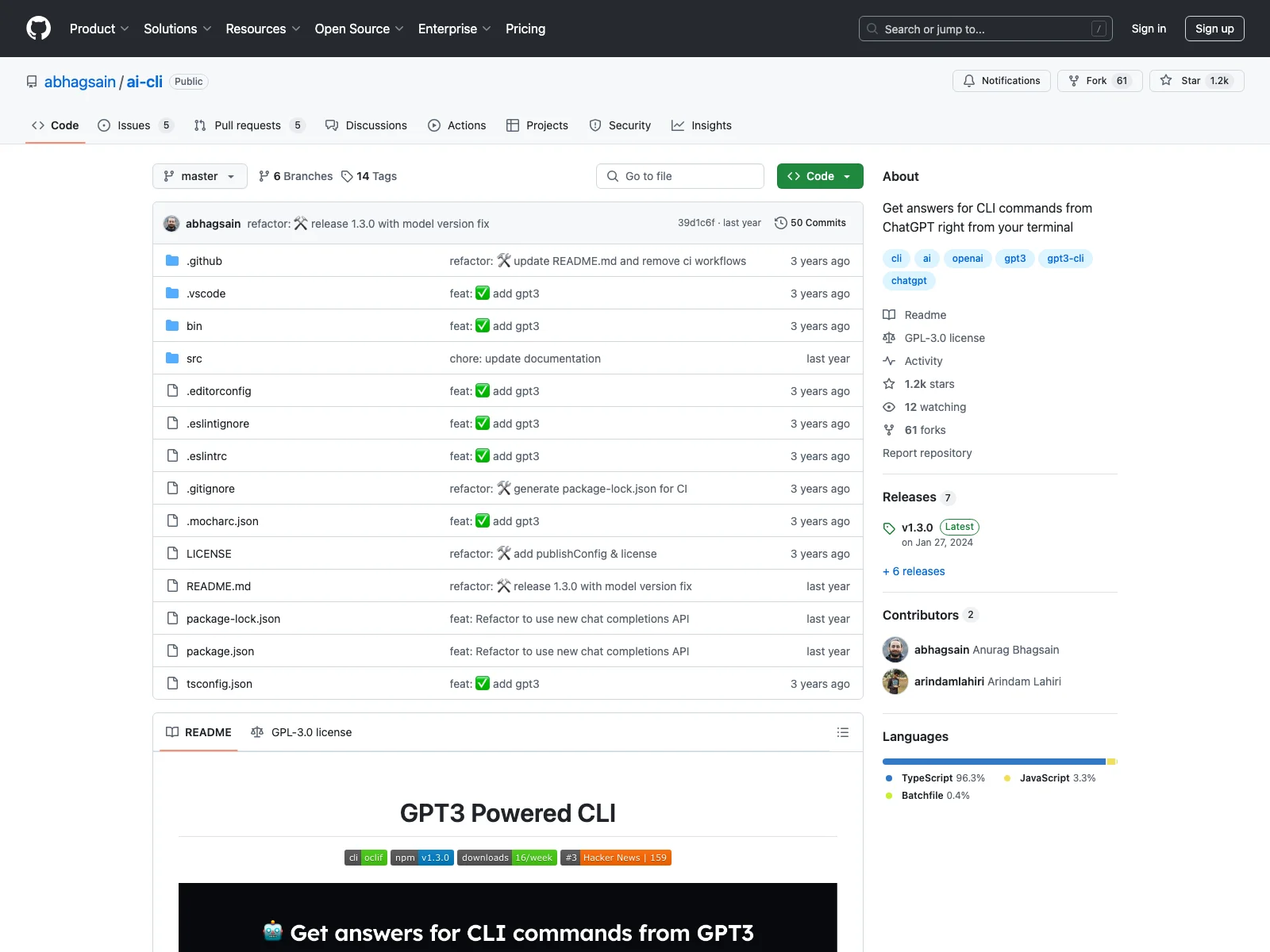 abhagsain/ai-cli: Empowering CLI with ChatGPT Answers