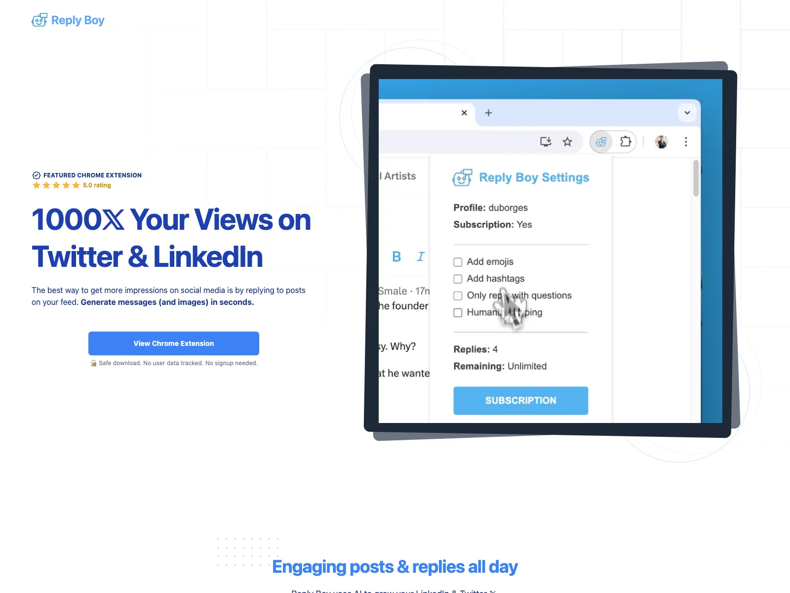 Reply Boy: Supercharge Your Twitter & LinkedIn with AI for 1000𝕏 Impressions