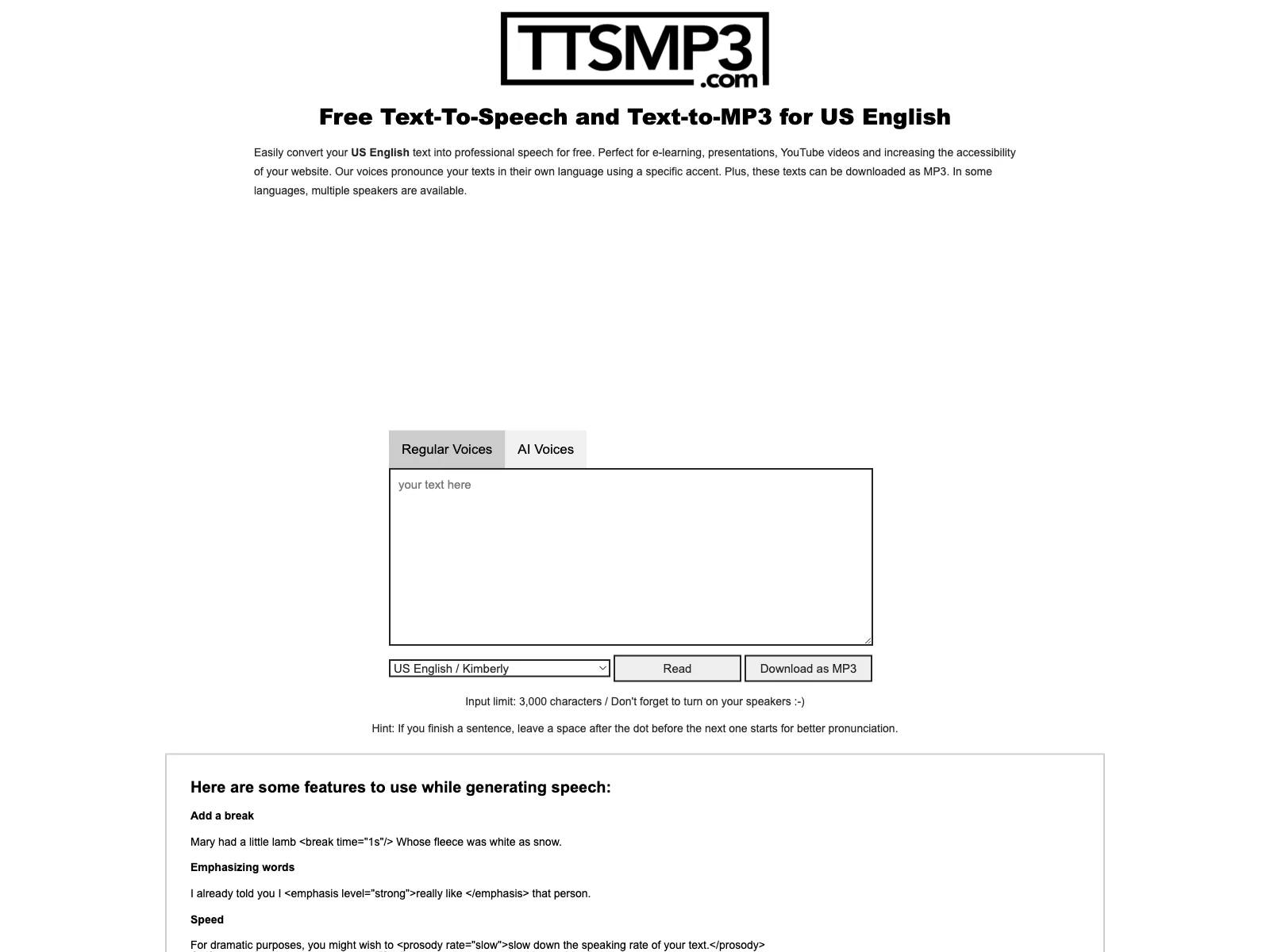 ttsMP3.com: Free Text-To-Speech & MP3 Download for US English